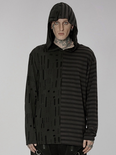 Black Gothic Daily Asymmetric Spliced Long Sleeve Hooded T-Shirt for Men