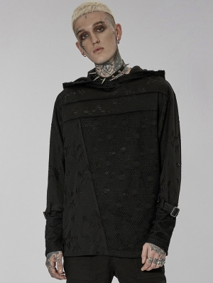 Black Gothic Daily Punk Long Sleeve Hooded T-Shirt for Men