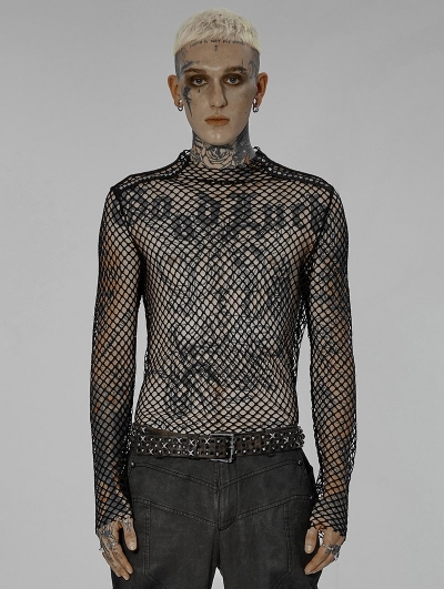 Black Gothic Sexy Gauze Unedged Long Sleeve T-Shirt for Men