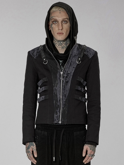Black and Gray Gothic Punk Zipper Tie-Dyed Short Coat for Men
