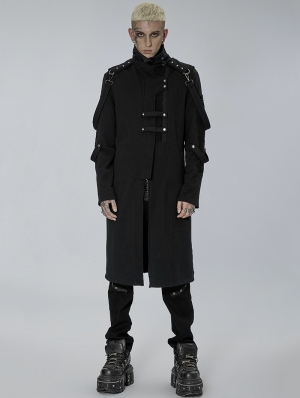 Black Gothic Punk High Collar Rivet Long Coat for Men