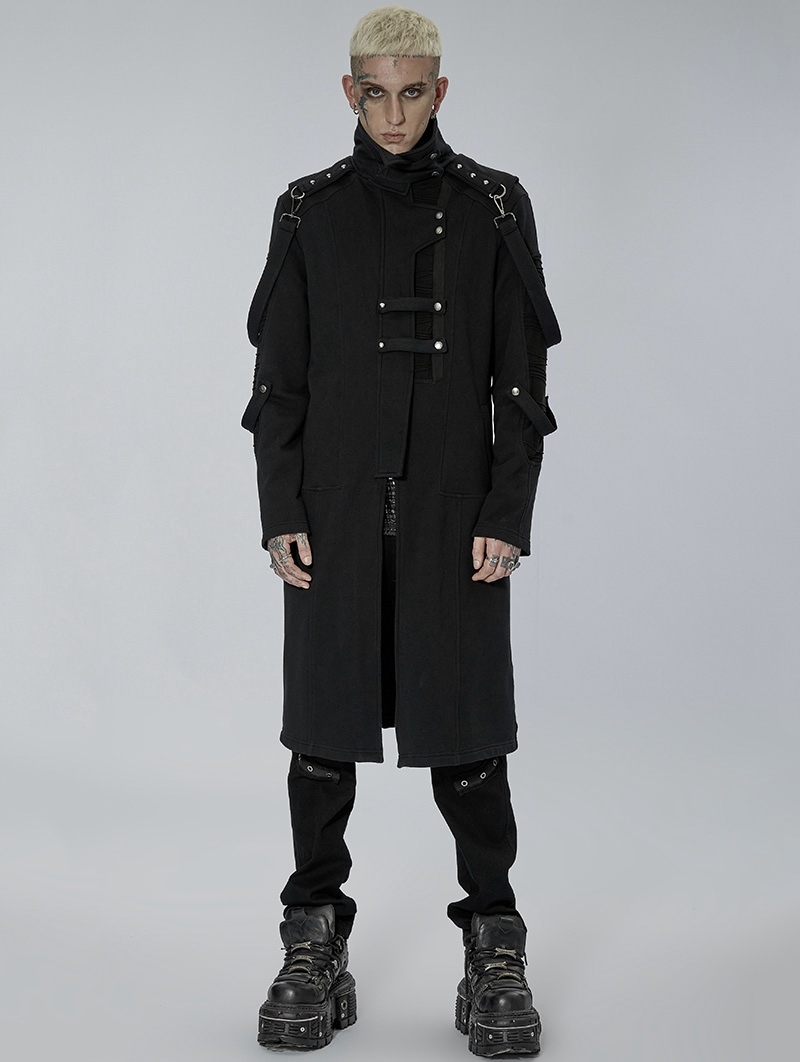 Black Gothic Punk High Collar Rivet Long Coat for Men
