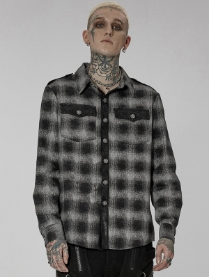 Black and Gray Plaid Gothic Punk Daily Wear Long Sleeve Shirt for Men