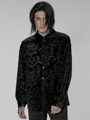 Black Vintage Loose Gothic Print Long Sleeve Velvet Shirt for Men