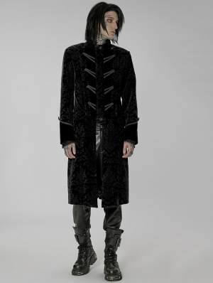 Black Gorgeous Vintage Gothic Printed Velvet Long Tail Coat for Men