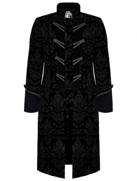 Black Gorgeous Vintage Gothic Printed Velvet Long Tail Coat for Men ...