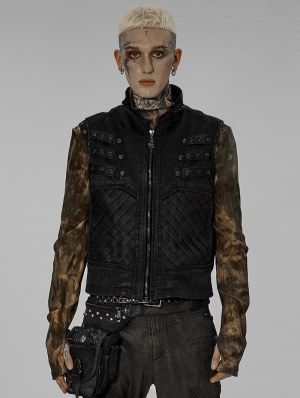 Black Gothic Punk Post Doomsday Distressed Fitted Vest for Men