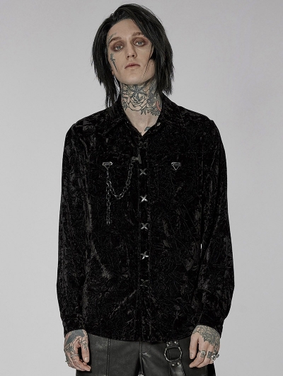 Black Gothic Punk Daily Velvet Shirt with Detachable Chain for Men