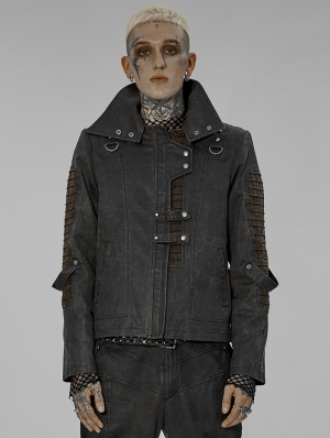 Gray and Coffee Gothic Punk Rivets Post Apocalyptic Style Short Jacket for Men