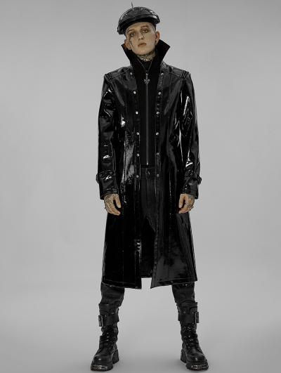 Black Gothic Punk Double Stand Collar Patent Leather Long Coat for Men