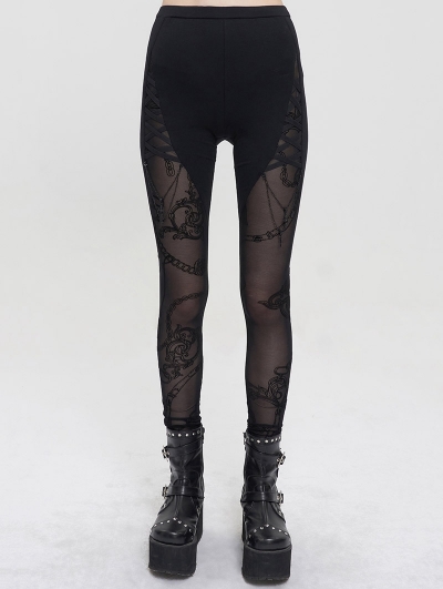 Black Sexy Gothic Patterned Semi-Transparent Skinny Leggings for Women