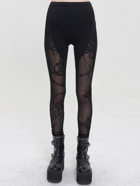 Black Sexy Gothic Patterned Semi-Transparent Skinny Leggings for Women 