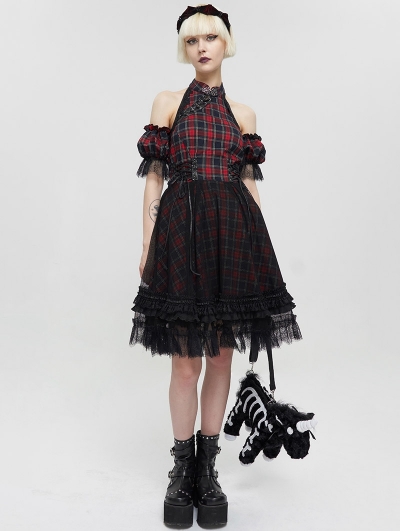 Black and Red Plaid Gothic Chinese Cheongsam  Style Lace Frilly Short Dress