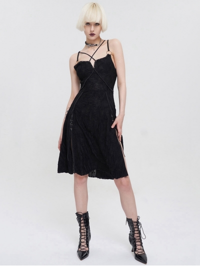 Black Gothic Punk Studded Sexy Slit Cross Strap Short Dress