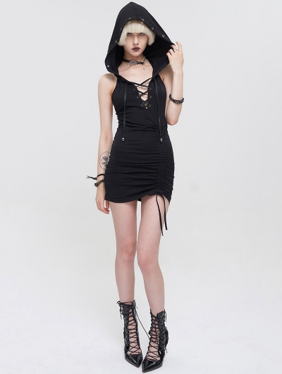 Black Gothic Punk Skull Drawstring Sexy Hooded Bodycon Dress