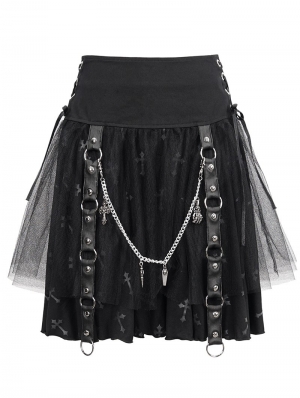 Black and Gray Cross Pattern Gothic Chain Belt Short Skirt