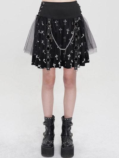 Black and White Cross Pattern Gothic Chain Belt Short Skirt