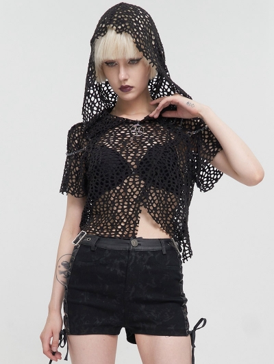 Black Gothic Punk Short Sleeve Net Hooded Top for Women