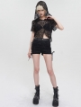 Black Gothic Punk Short Sleeve Net Hooded Top for Women