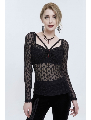 Black Sexy Gothic Lace Transparent Slim Fit Long Sleeve Top for Women