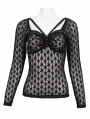 Black Sexy Gothic Lace Transparent Slim Fit Long Sleeve Top for Women