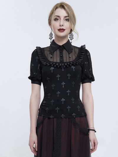 Black and Gray Cross Pattern Gothic Ruffled Neck Short Sleeve Shirt for Women