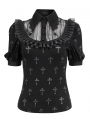 Black and Gray Cross Pattern Gothic Ruffled Neck Short Sleeve Shirt for Women