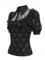Black and Gray Cross Pattern Gothic Ruffled Neck Short Sleeve Shirt for Women