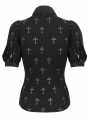 Black and Gray Cross Pattern Gothic Ruffled Neck Short Sleeve Shirt for Women