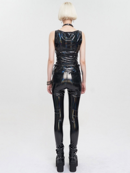 Black Gothic Punk PU Leather Low Cut Zipper Waistcoat for Women ...