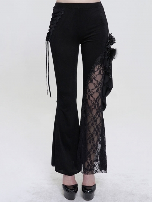 Black Gothic Vintage Lace Flower Long Flared Trousers for Women