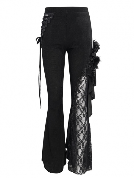 Black Gothic Vintage Lace Flower Long Flared Trousers for Women ...