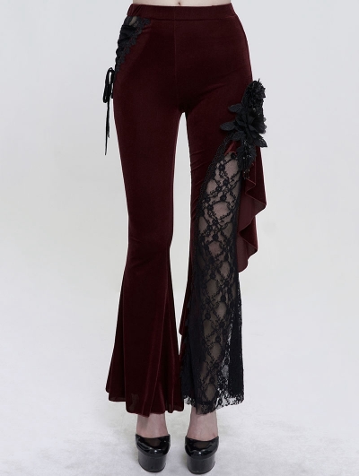 Wine Red Gothic Vintage Lace Flower Long Flared Trousers for Women