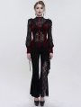 Wine Red Sexy Gothic Lace Velvet Ruffle Long Sleeve Shirt for Women