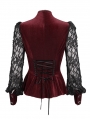 Wine Red Sexy Gothic Lace Velvet Ruffle Long Sleeve Shirt for Women