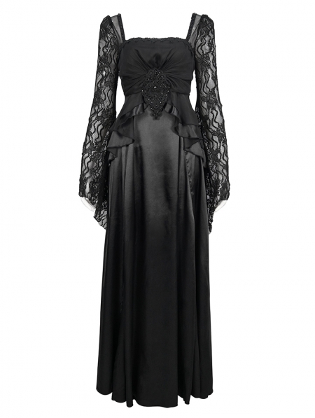 Black Elegant Gothic Retro Lace Appliqued Long Party Dress - Devilnight ...
