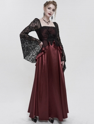 Wine Red Elegant Gothic Retro Lace Appliqued Long Party Dress