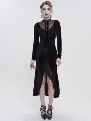 Black Vintage Gothic Velvet Slit Long Sleeve Fishtail Party Dress