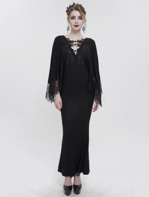 Black Elegant Gothic Lace Cape Long Mermaid Dress