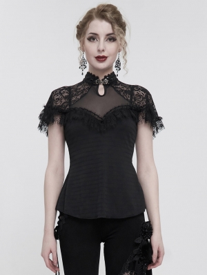 Black Vintage Gothic Lace Short Sleeve Slim Shirt for Women