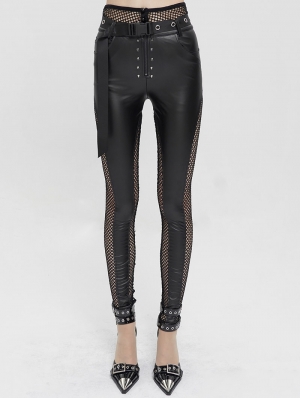 Black Sexy Gothic Punk Long Slim Fishnet PU Leather Pants for Women