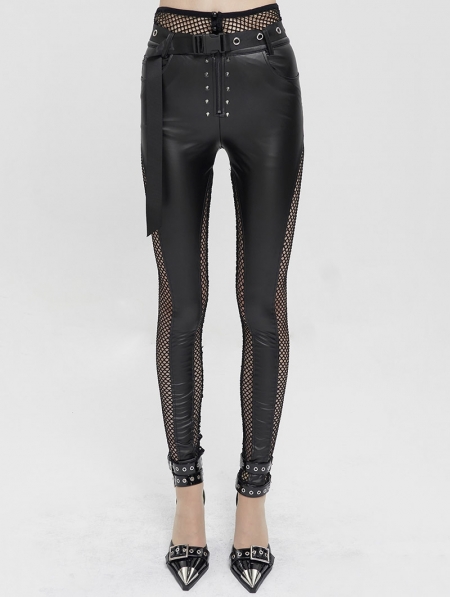 Black Sexy Gothic Punk Long Slim Fishnet PU Leather Pants for