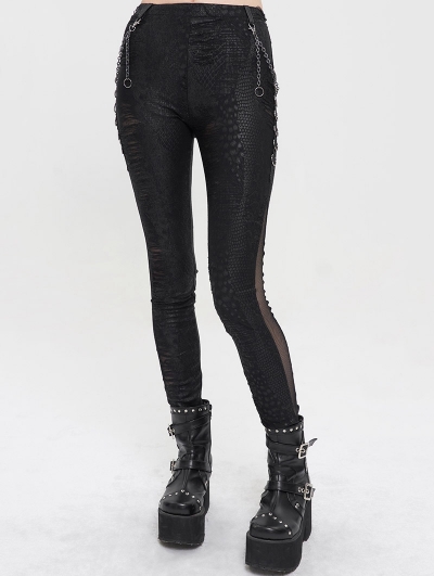 Black Gothic Punk Street Skinny Long Chain Pants for Women