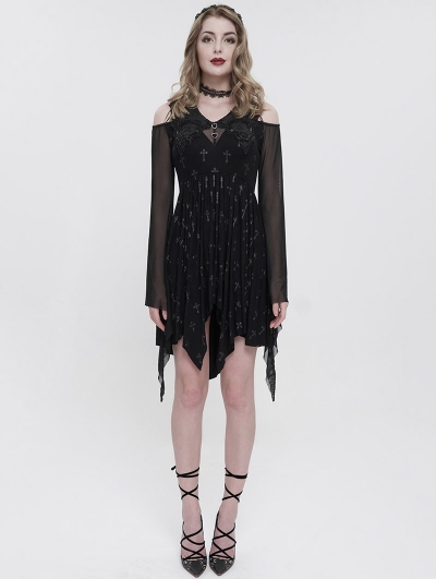 Black Gothic Cross Pattern Off-the-Shoulder Short Irregular Dress