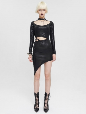 Black Sexy Gothic Punk Cutout Long Sleeve Irregular Short Slim Dress