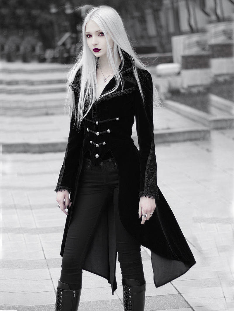 Black Gothic Fishtail Long Velvet Jacket for Women