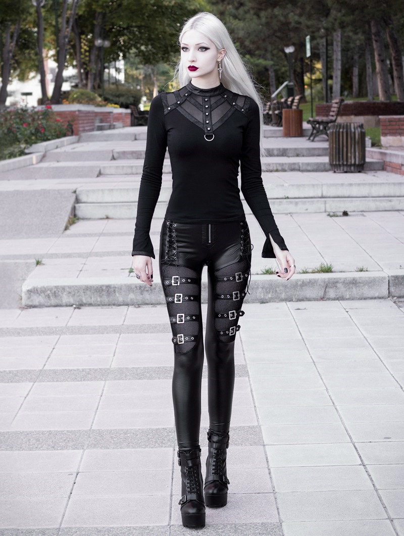 Black Gothic Buckle Belt Mesh Legging for Women