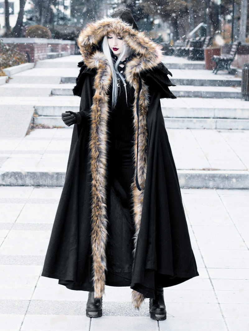 Black Gothic Wool Collar Long Cloak for Women