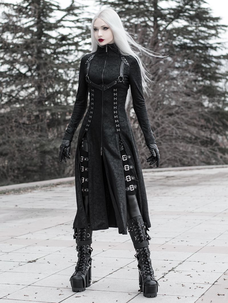 Black Gothic Dark Punk Long Coat for Women