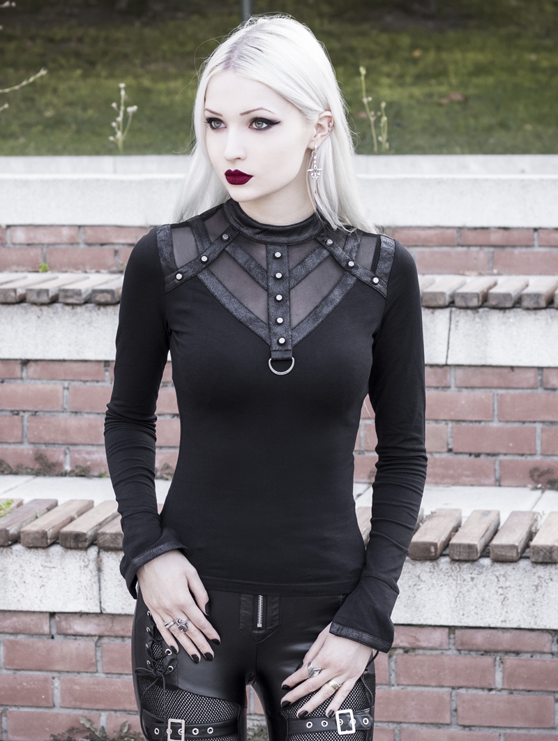 Black Gothic Hollow-out Metal T-Shirt for Women